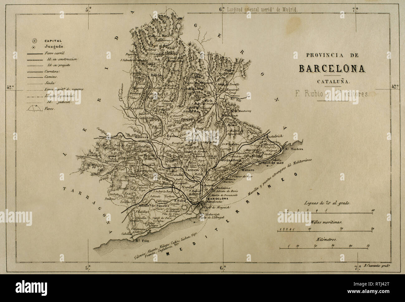 Mappa. Provincia di Barcellona, 1866. Crónica General de España, Historia Ilustrada y Descriptiva de sus Provincias. La Catalogna. 1866. Foto Stock