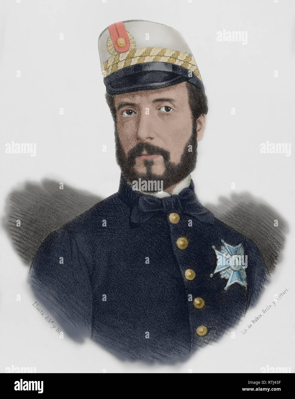 Juan Prim, primo marchese di los Castillejos (1814-1870). Spagnolo leader militare e politico. Disegno di Llanta (fl.1866 - 1872) . La litografia. Colorazione successiva. Crónica General de España, Historia Ilustrada y Descriptiva de sus Provincias. La Catalogna. 1866. Foto Stock