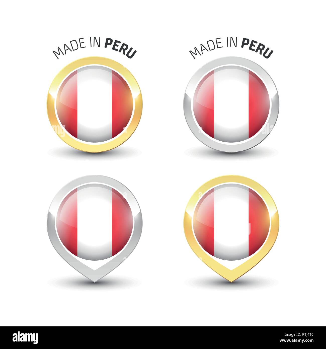 Realizzati in Perù - etichetta di garanzia con la bandiera del Perù all'interno del turno oro e argento icone. Illustrazione Vettoriale