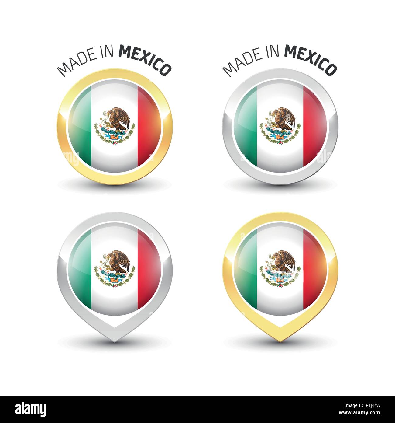 Realizzato in Messico - etichetta di garanzia con la bandiera messicana all'interno del turno oro e argento icone. Illustrazione Vettoriale