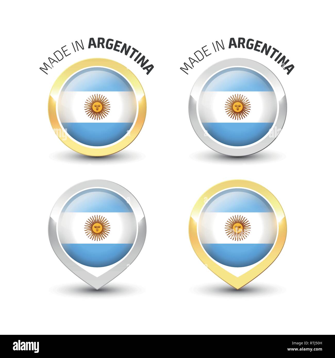 Fatto in Argentina - etichetta di garanzia con la bandiera argentina all'interno del turno oro e argento icone. Illustrazione Vettoriale