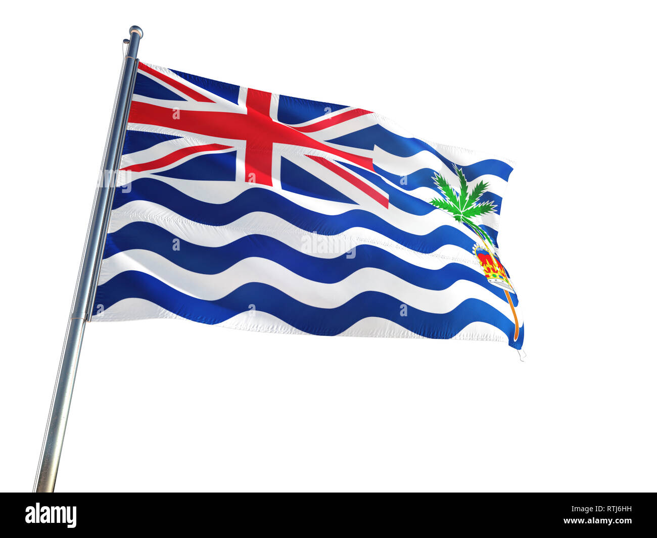 Territorio britannico dell'Oceano Indiano bandiera nazionale sventolare nel vento, isolato sullo sfondo bianco. Alta definizione Foto Stock