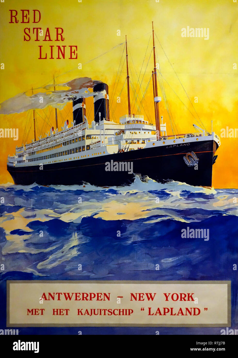 1920 poster vintage della stella rossa linea che mostra la SS Lapponia nave passeggeri vela sotto bandiera belga tra Anversa, Belgio e New York, Stati Uniti d'America Foto Stock