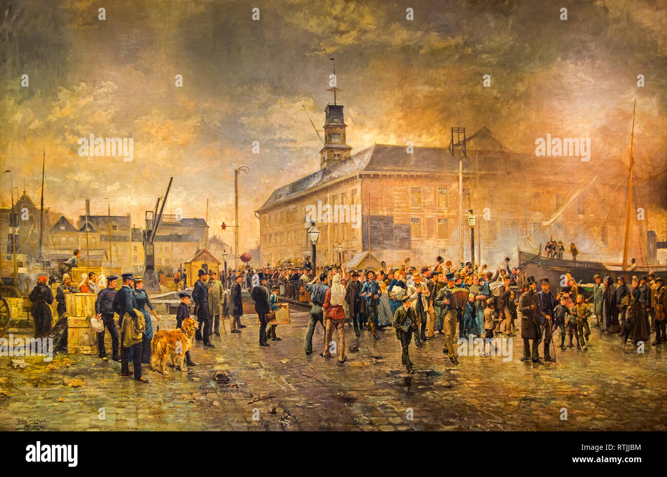 1890 pittura Belgische landverhuizers dal pittore Louis van Engelen circa gli emigranti belga della vela a partire da Anversa a Stati Uniti con Red Star Line Foto Stock