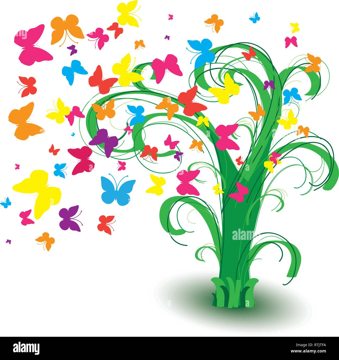 Molla albero con farfalle e riccioli girata a sinistra isolato su bianco, illustrazione vettoriale Illustrazione Vettoriale