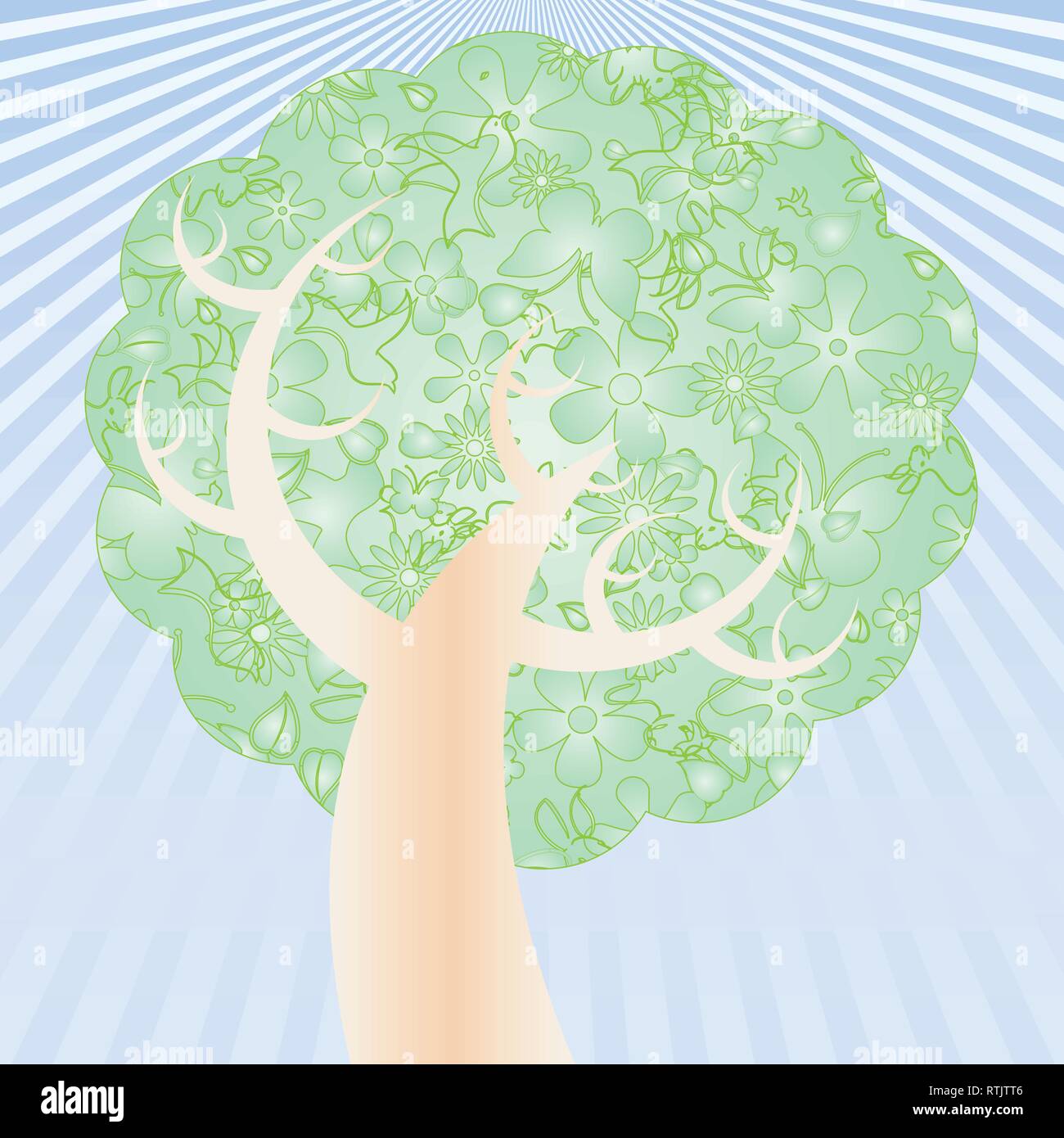 Albero realizzato da flovers, uccelli, farfalle e foglie, illustrazione vettoriale Illustrazione Vettoriale