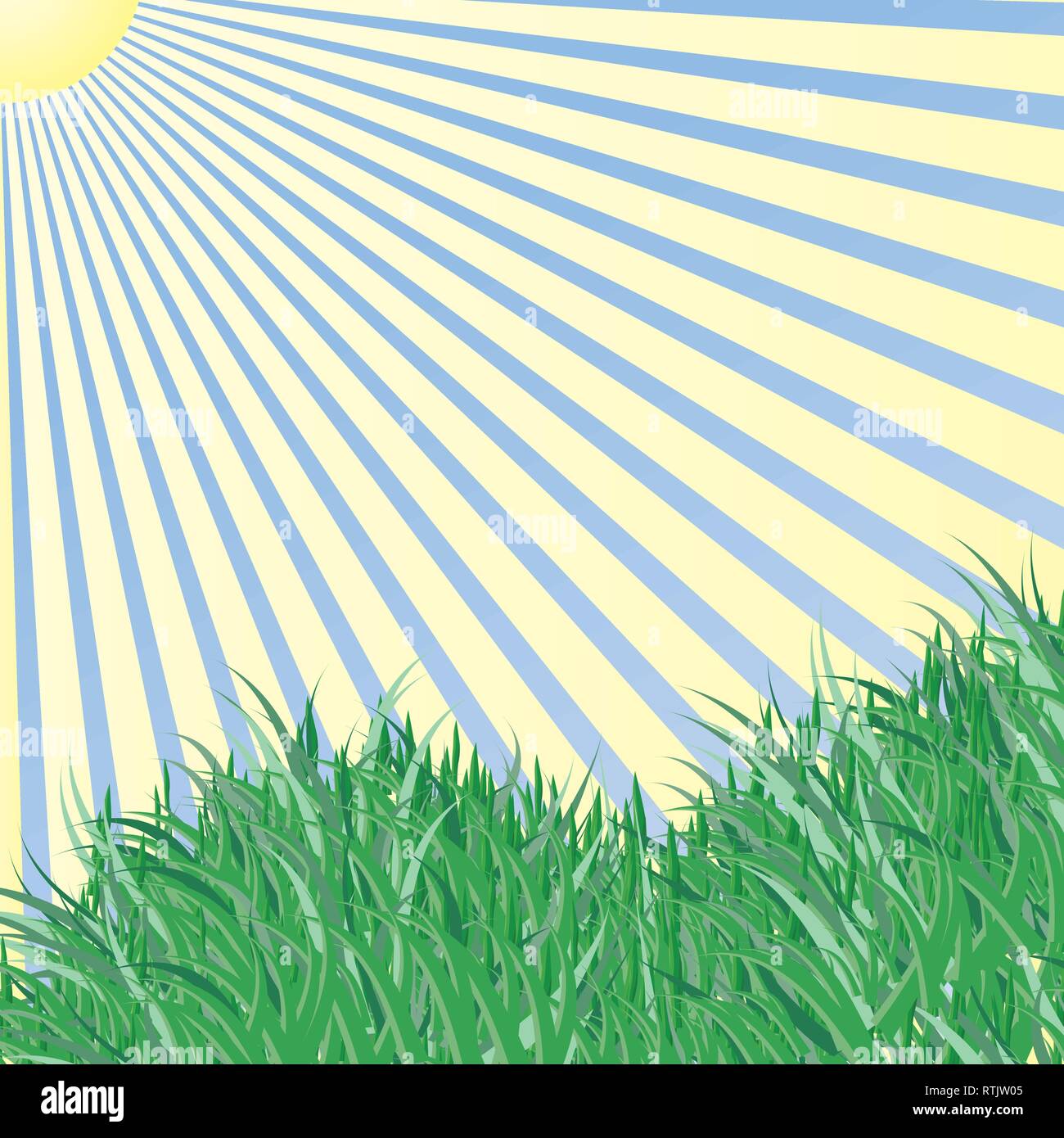 Erba sotto il cielo blu e i raggi del sole sullo sfondo del vettore Illustrazione Vettoriale