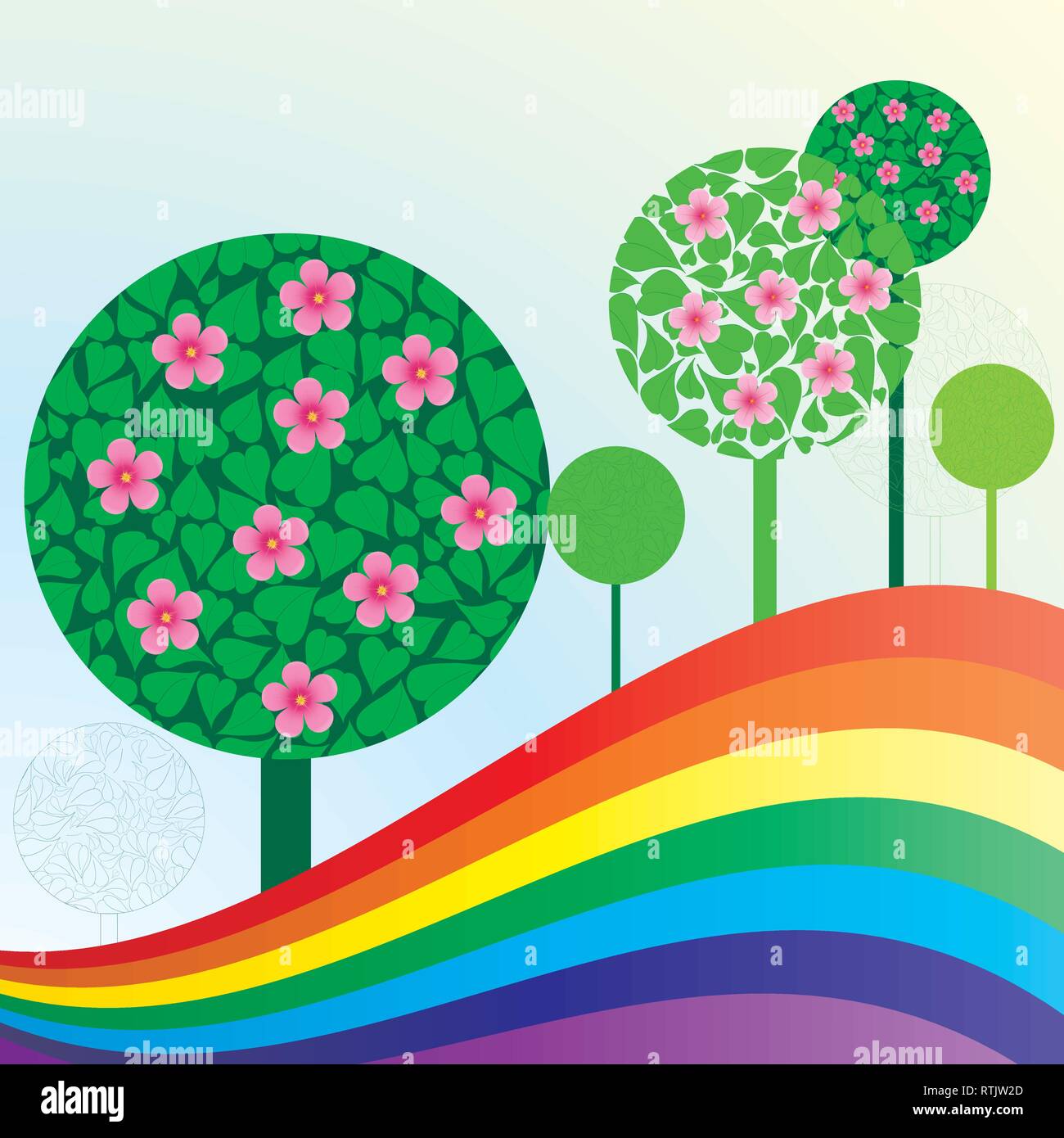 Primavera o estate sfondo con prato, alberi e rainbow, illustrazione vettoriale Illustrazione Vettoriale