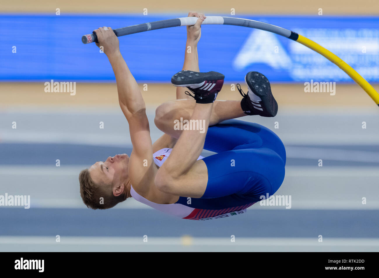 Glasgow, Regno Unito. 01 Mar, 2019. Sondre Guttormsen (NOR) in uomini Paolo volta beneficiare durante l'Atletica Europea campionati Indoor Glasgow 2019 a Emirates Arena il Venerdì, 01 marzo 2019. GLASGOW Scozia. (Solo uso editoriale, è richiesta una licenza per uso commerciale. Nessun uso in scommesse, giochi o un singolo giocatore/club/league pubblicazioni.) Credito: Taka G Wu/Alamy News Credito: Taka Wu/Alamy Live News Foto Stock