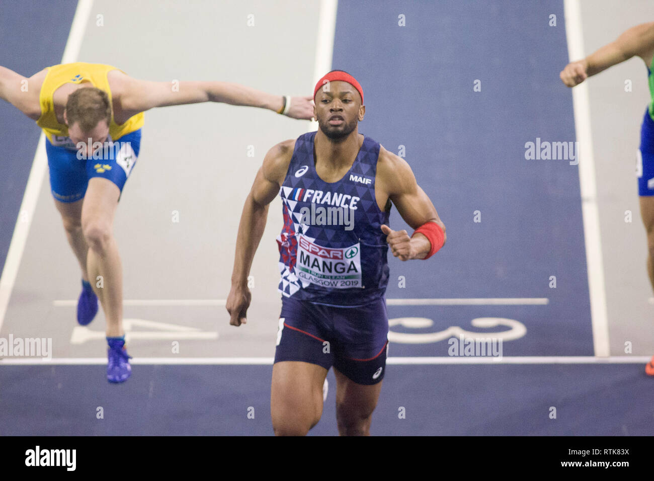 Glasgow, Regno Unito. 02Mar, 2019. Glasgow, Scozia - 2 Marzo: Manga Aurel di frate durante il round 1 2 di calore di uomini della 60m ostacoli al giorno 2 del Europei Indoor di Atletica a Emirates Arena di Glasgow, Scozia. ( Credito: Scottish Borders Media/Alamy Live News Foto Stock