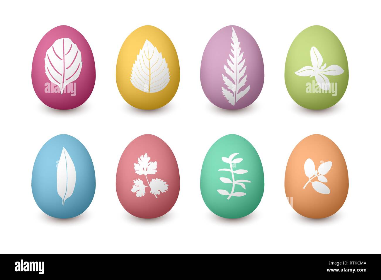 Felice Pasqua uova colorate con sagome a base di erbe. Struttura squallido Set di rosso, verde, blu, rosa, viola, giallo, marrone. Illustrazione Vettoriale