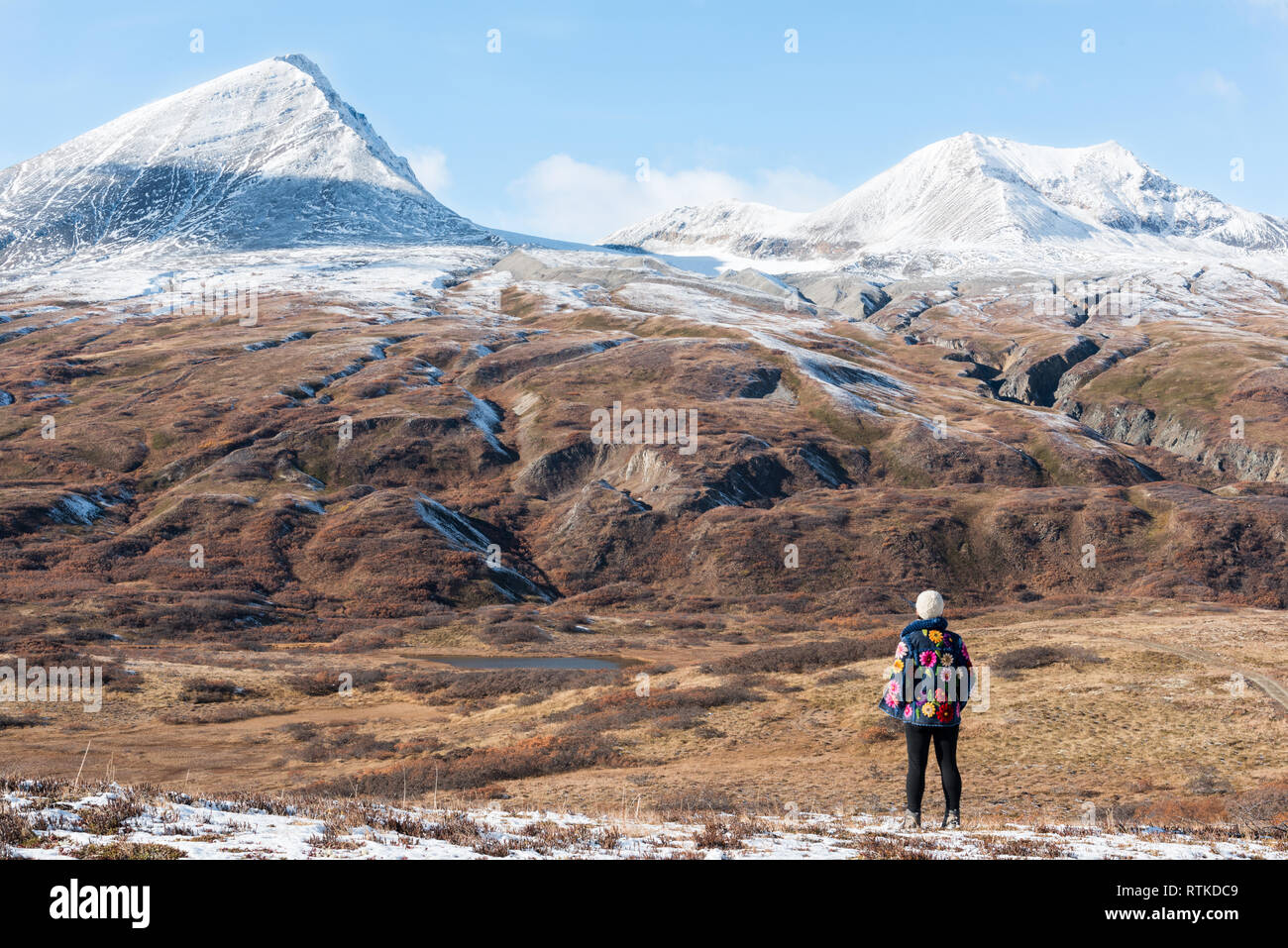 Self-portrait in colorato rivestimento fiorito. Ammirate la vista sul mandrino Creek, Haines Road, Tatshenshini-Alsek Park, Northern British Columbia, Canada Foto Stock