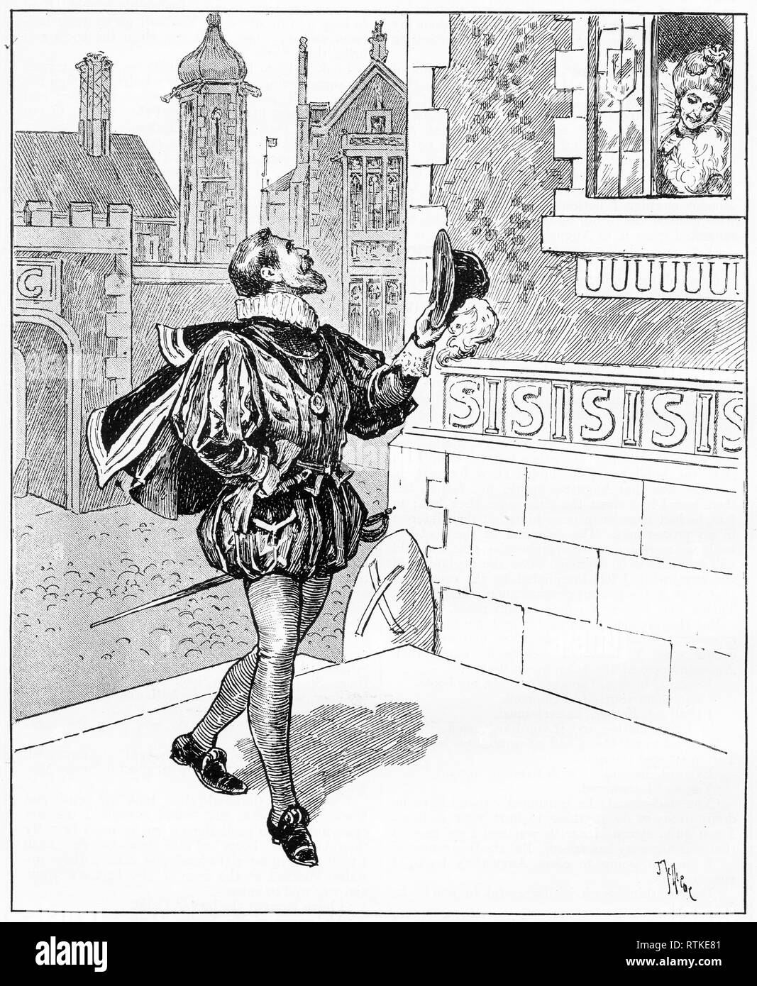 Incisione di una donna che guarda la sua finestra di un maschio corteggiatore in strada. Da Chatterbox magazine, 1905 Foto Stock
