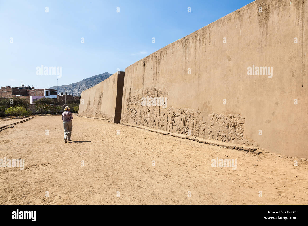 Huaca o Tempio del drago o l'Arcobaleno. Edificio religioso della cultura Chimú costruita in adobe con i suoi muri intagliati con vari motivi tale Foto Stock