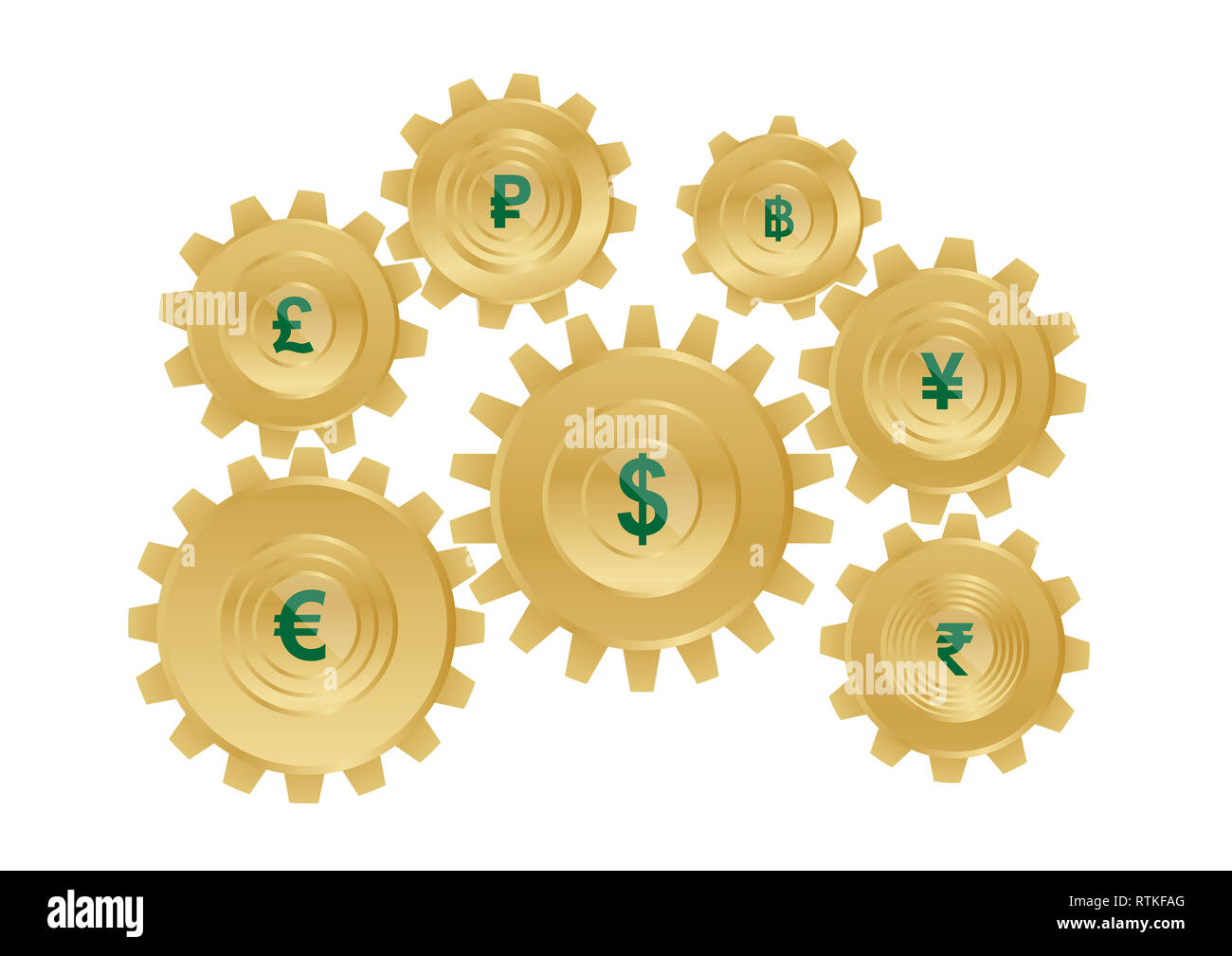 Golden cambio marcia impostata con il mondo dei simboli di valuta su sfondo bianco, illustrazione vettoriale. Foto Stock