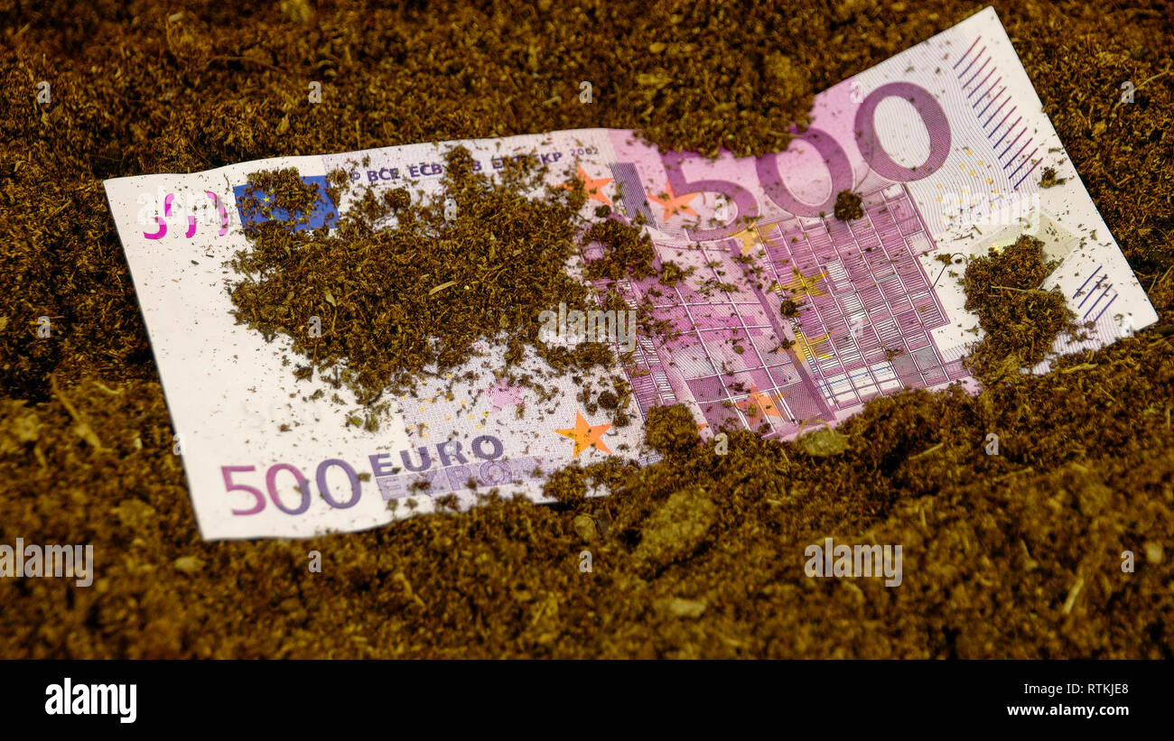 La 500 Euro paper bill sul terreno. La fattura della carta si trova sul terreno con alcuni terriccio bruno su di esso. Foto Stock