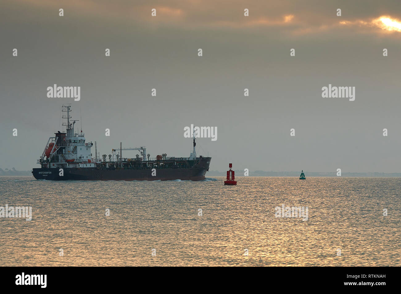 Whitaker, navi cisterna per il trasporto di prodotti petroliferi petroliera WHITCHAMPION, entra l'acqua profonda canale come ella si diparte il Porto di Southampton, Regno Unito. A Sunrise. Foto Stock