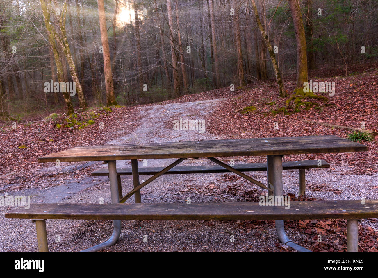 Tramonto sulla estremità di un sentiero escursionistico e un banco per il resto Foto Stock