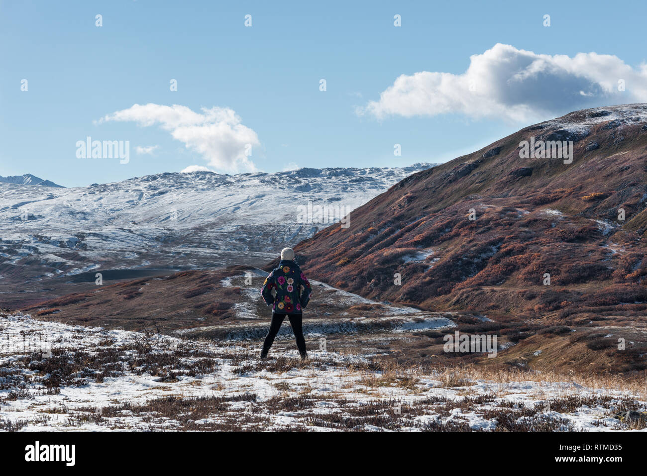 Self-portrait in colorato rivestimento fiorito. Ammirate la vista sul mandrino Creek, Haines Road, Tatshenshini-Alsek Park, Northern British Columbia, Canada Foto Stock