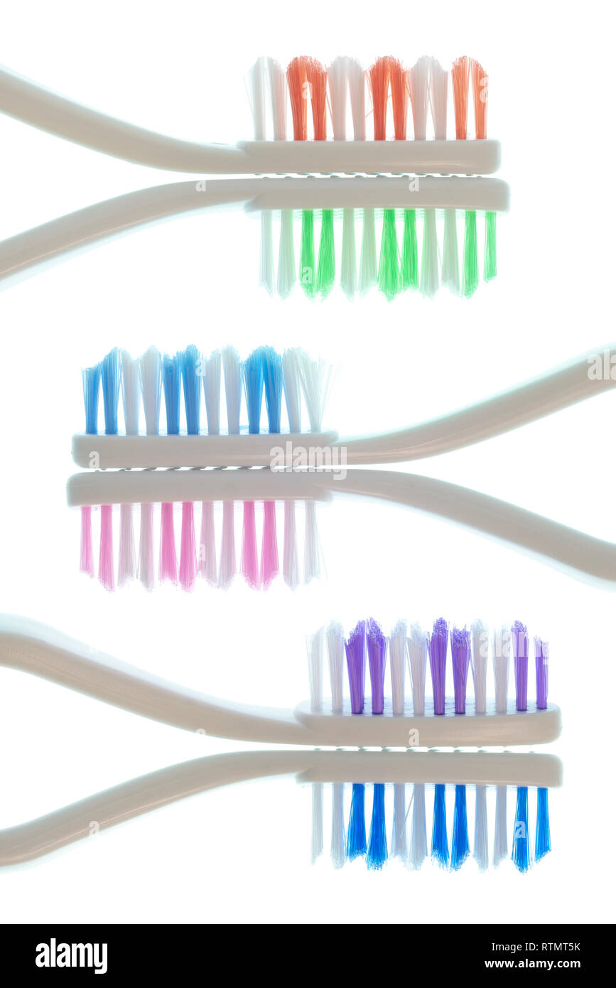 Chiudere Verticale in alto vista laterale colpo di sei coloratissimi spazzolini da denti mostrato di schiena in coppie con maniglie bianco isolato su bianco. Foto Stock