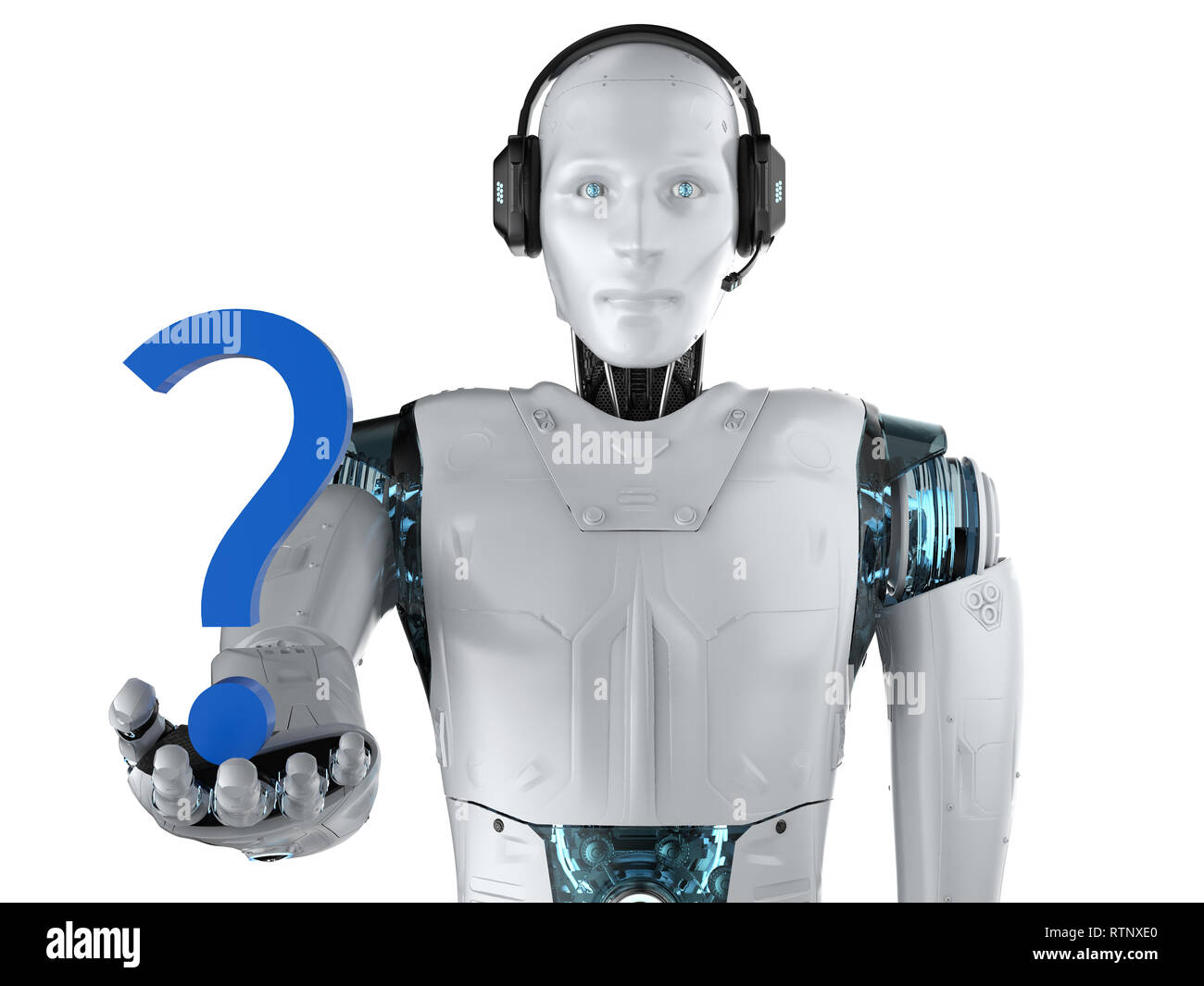 Automazione concetto helpline con 3D rendering robot umanoide con punto interrogativo Foto Stock