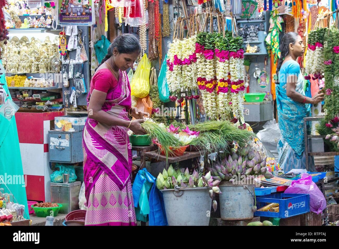 Signora vendita di fiori in un negozio di fiori vicino Arulmigu Manakula Vinayagar temple,pondicherry,l'India del sud,pondy,pondicherry corsa,pradeep subramanian Foto Stock Signora vendita di fiori in un negozio di fiori vicino Arulmigu Manakula Vinayagar temple,pondicherry,l'India del sud,pondy,pondicherry corsa,pradeep subramanian Foto Stock