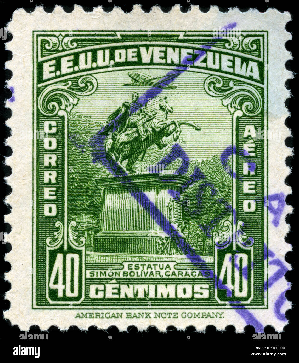 Francobollo dal Venezuela nel centodecimo anniversario della morte di Simón Bolívar serie emesse nel 1948 Foto Stock