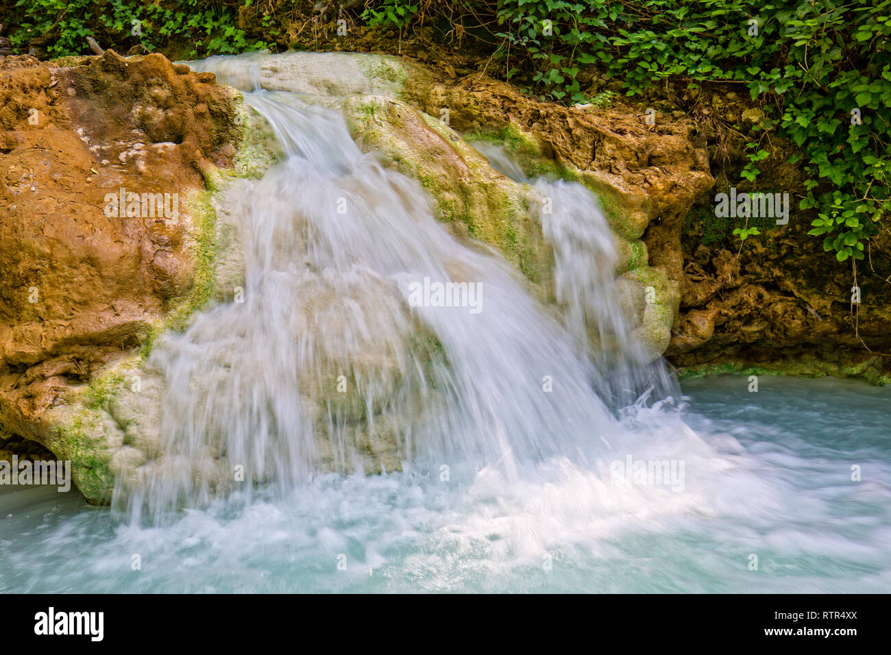 L'acqua termale di Bagni San Filippo hanno creato un paesaggio di bianco calcare formazioni, cascate e piccole piscine di acqua calda nella foresta, tu Foto Stock
