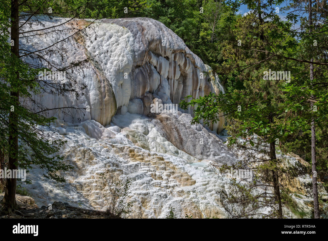 L'acqua termale di Bagni San Filippo hanno creato un paesaggio di bianco calcare formazioni, cascate e piccole piscine in foresta, Toscana, Italia Foto Stock