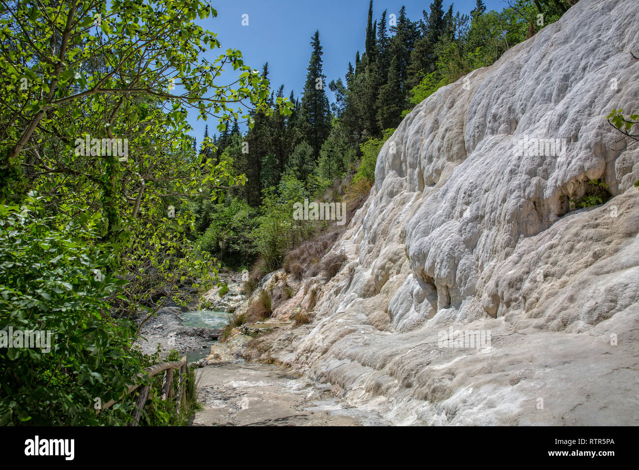 L'acqua termale di Bagni San Filippo hanno creato un paesaggio di bianco calcare formazioni, cascate e piccole piscine in foresta, Toscana, Italia Foto Stock