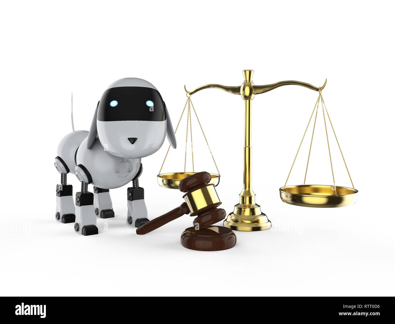 Cyber legge concetto con 3D rendering martello giudice, scala la legge e il cane robot Foto Stock
