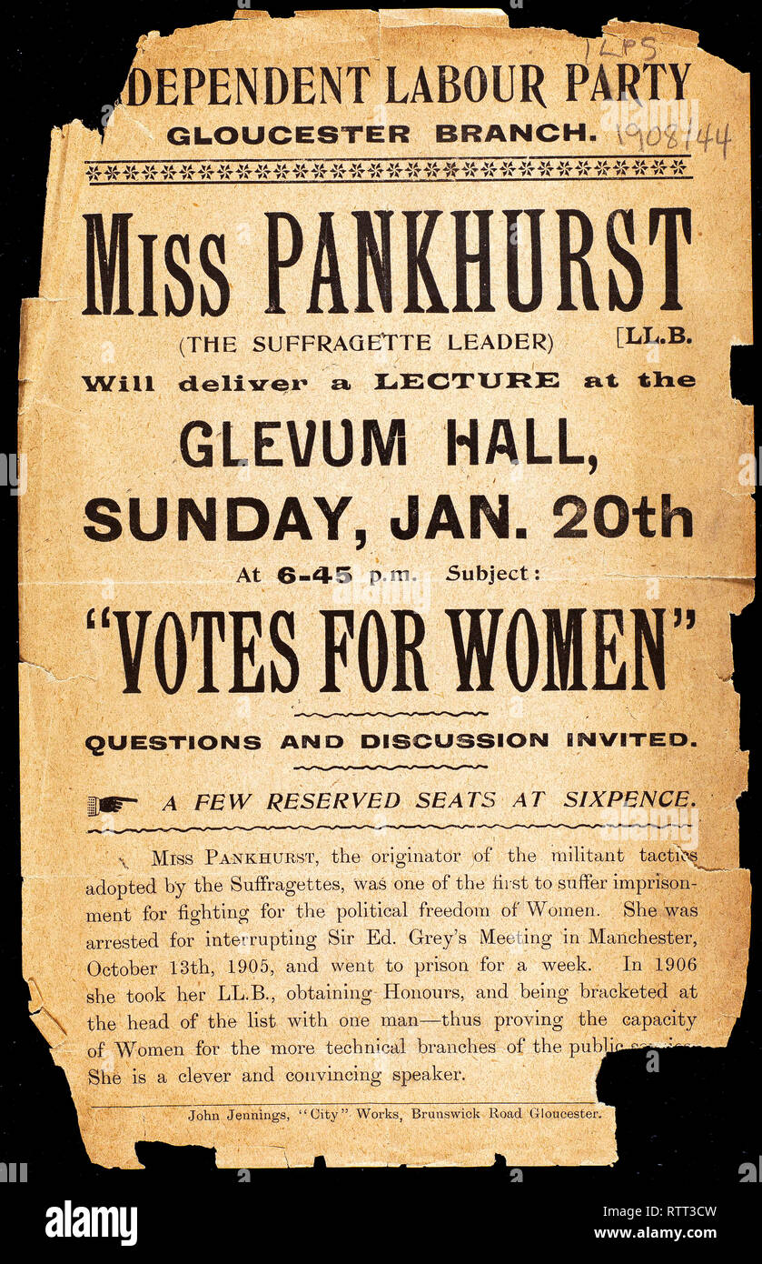 Volantino o poster Votes for Women, 1907, una conferenza di Emmeline Pankhurst Foto Stock