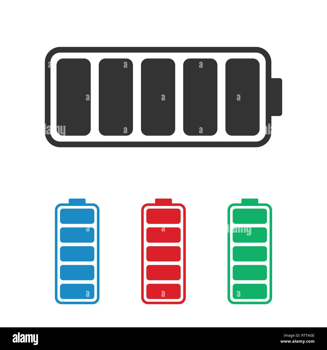 Batteria carica icona in diversi colori. Rosso Blu e verde di simboli Illustrazione Vettoriale