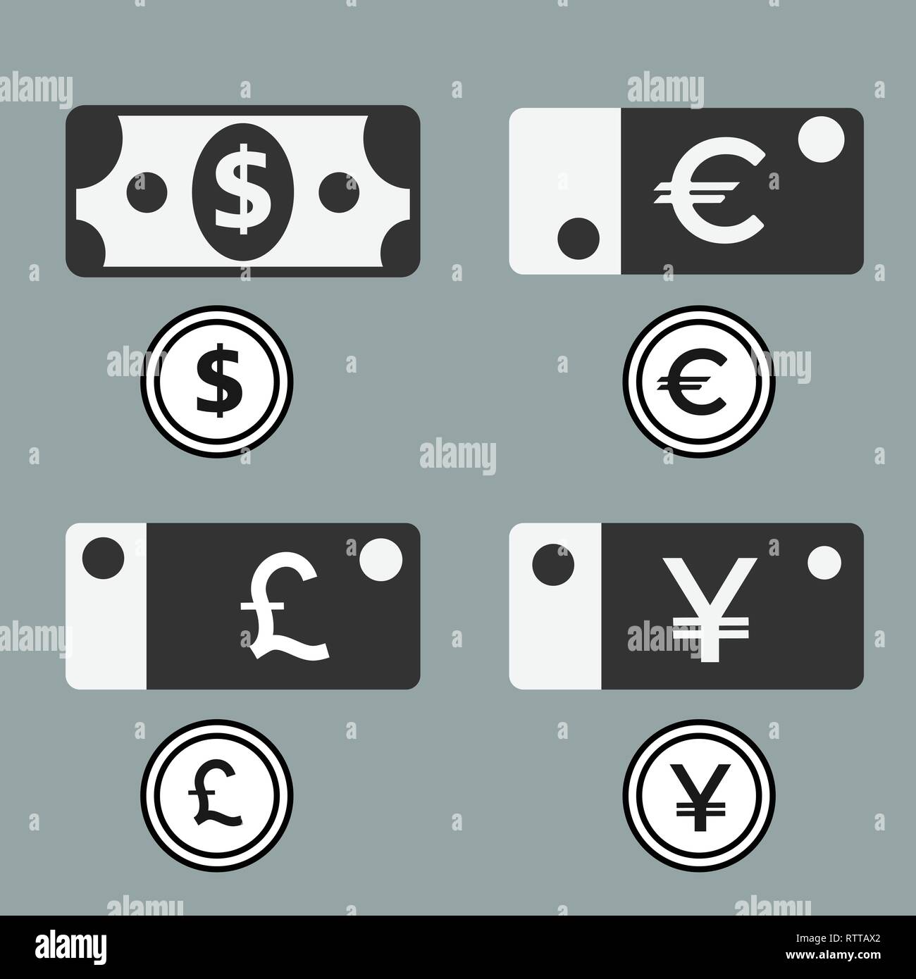 Dollaro, Euro, Sterlina e moneta Yuan icone. Carta e metallo in USD, EUR, GBP e CNY denaro firmare i simboli. Icona piatta puntatori. Illustrazione Vettoriale