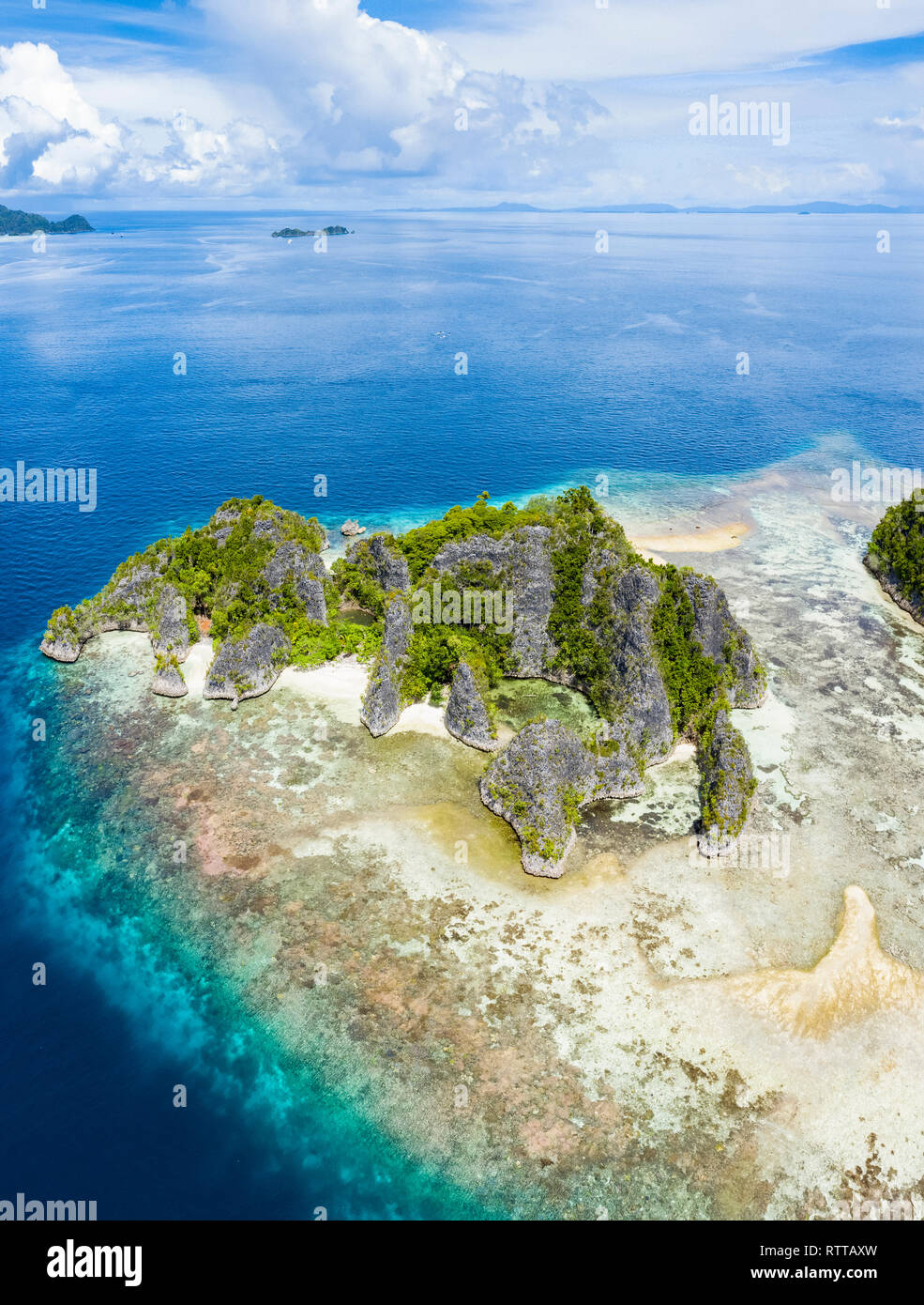 Vista aerea di isole calcaree, circondata dalla barriera corallina, Raja Ampat isole, Papua occidentale, in Indonesia, Oceano Pacifico Foto Stock