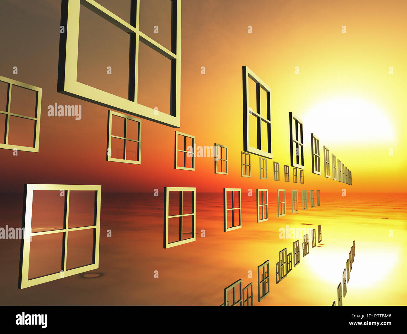 Una serie di finestre galleggiare sull'acqua su di un tramonto orizzonte surreale nel futuro , 3d'illustrazione. Foto Stock