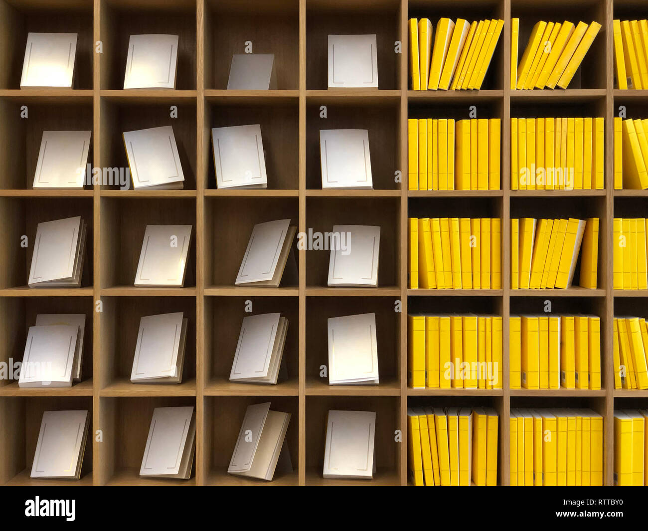 Il trucco della griglia regolare di scaffale in biblioteca pubblica Foto Stock