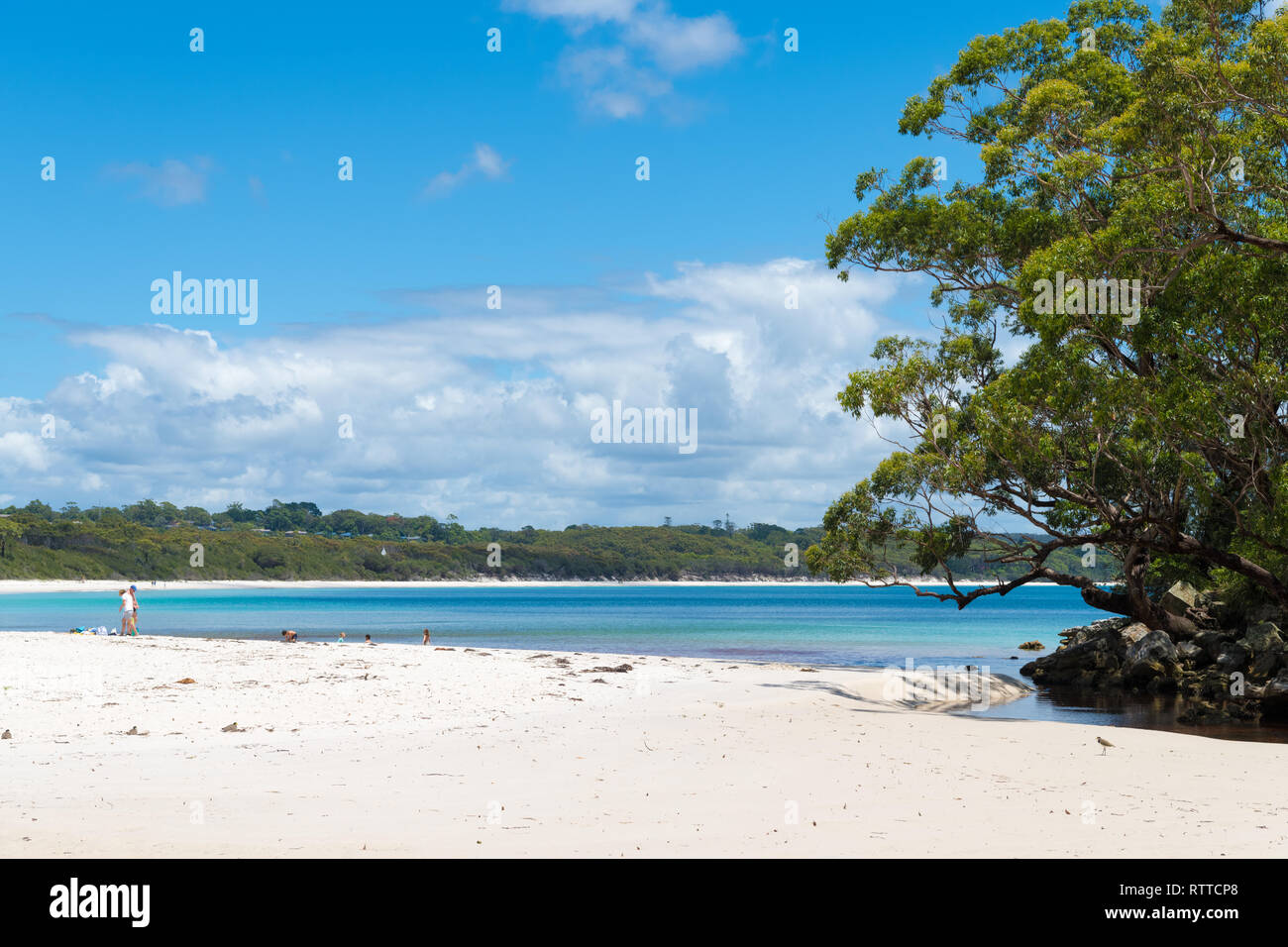 Galamban verde spiaggia di patch, NSW, Australia-December 24, 2018: persone godendo il sole a Galamban verde spiaggia di patch in Jervis Bay, una tranquilla g Foto Stock