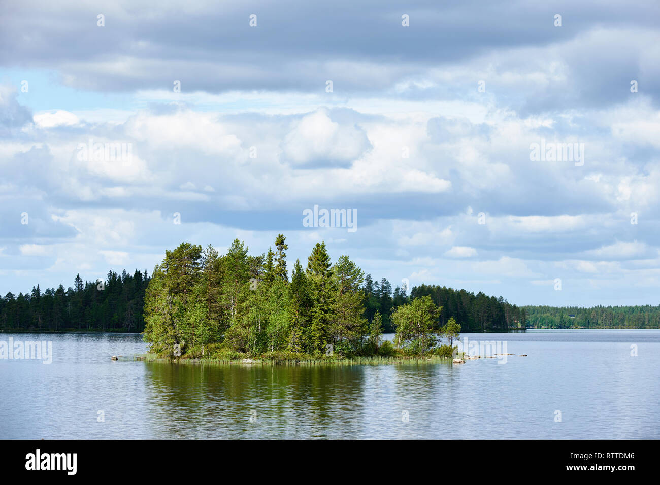 Rilassante paesaggio finlandese, con il lago, foresta, alberi, Cielo e nubi riflessi Foto Stock