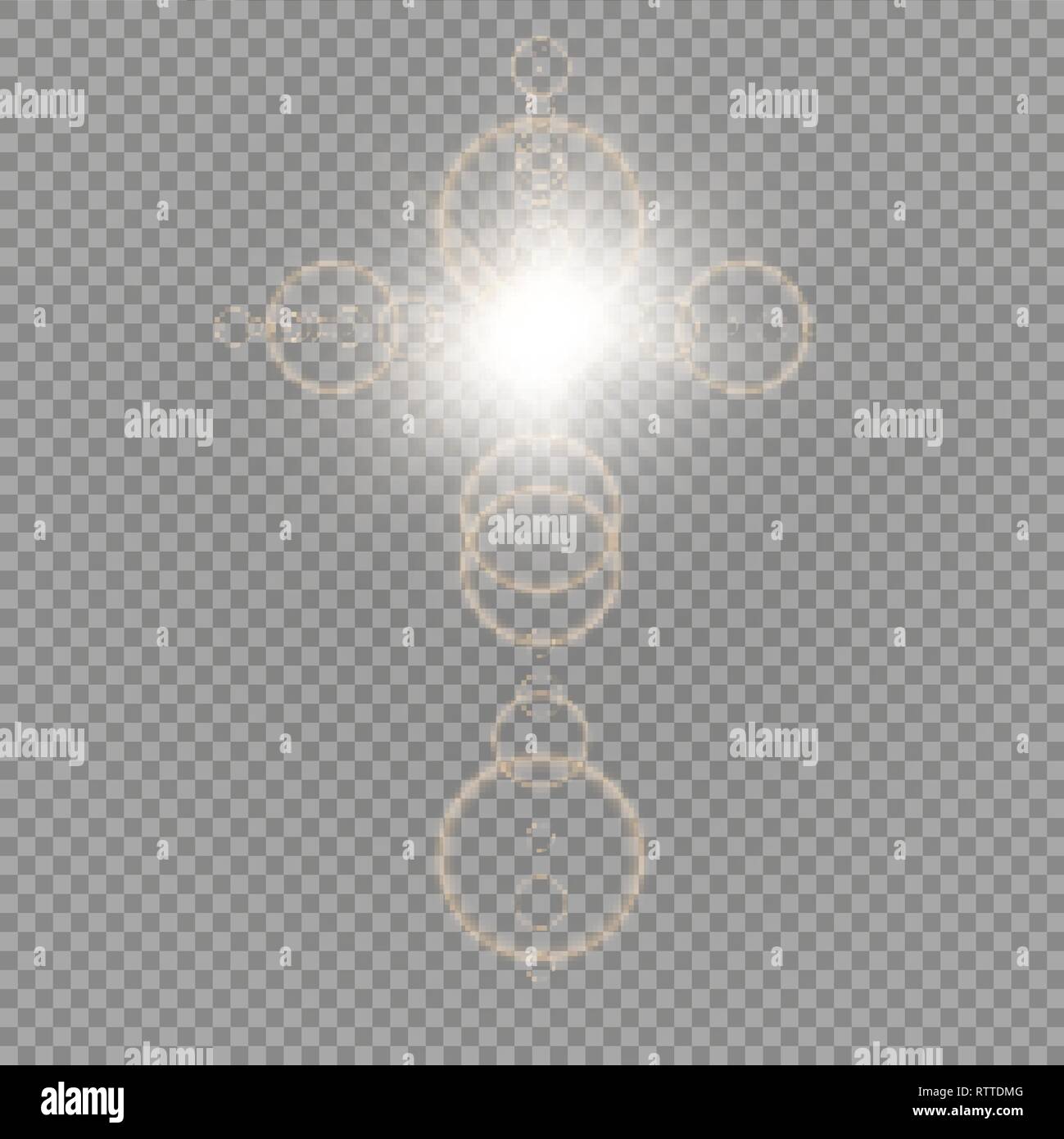 Luce bianca croce cristiana con sun flare. Illustrazione Vettoriale isolate su sfondo trasparente. Fulgido simbolo di Pasqua di Risurrezione nel Illustrazione Vettoriale
