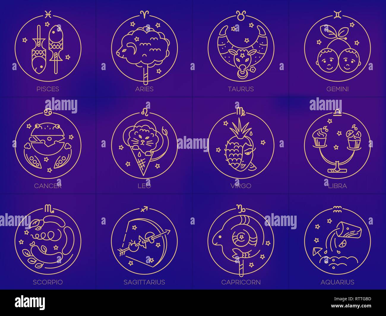 Vector segni dello zodiaco in cerchi di colore oro su sfondo blu, logo tatuaggio o illustrazione. Previsioni astrologiche, cibo oroscopo Illustrazione Vettoriale