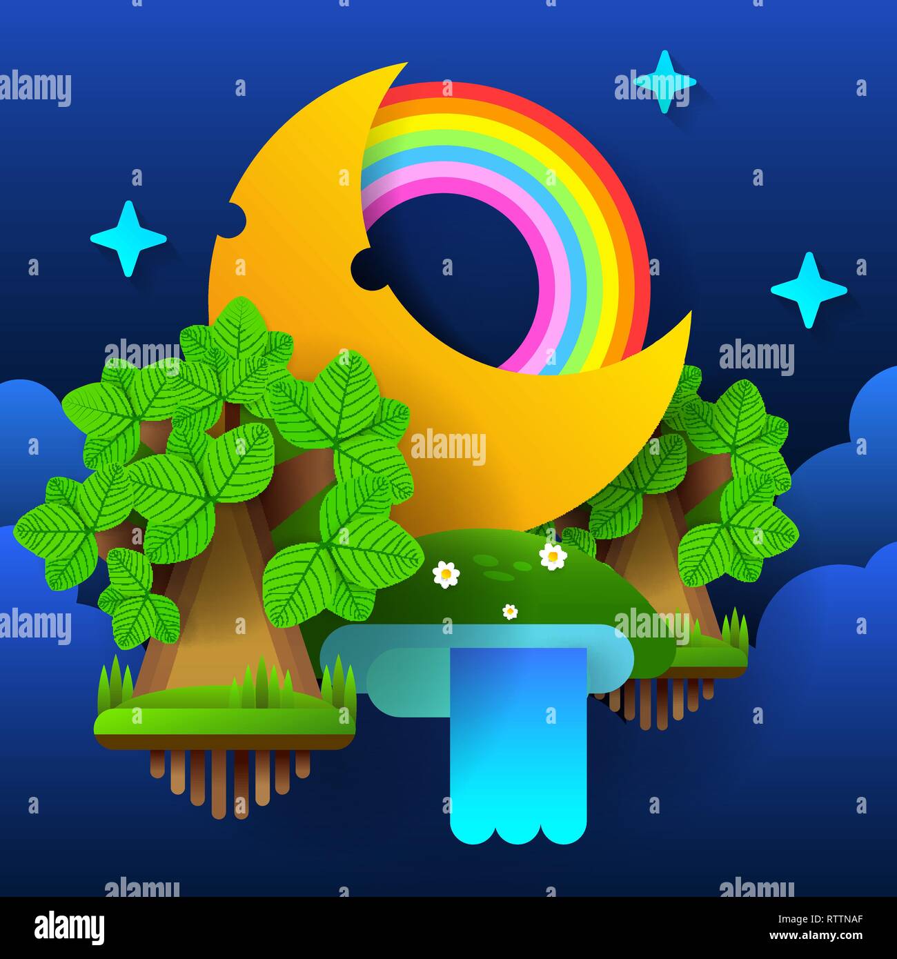 Notte Fairy Forest . La luna nel cielo con un arcobaleno e stelle. Illustrazione Vettoriale. Illustrazione Vettoriale