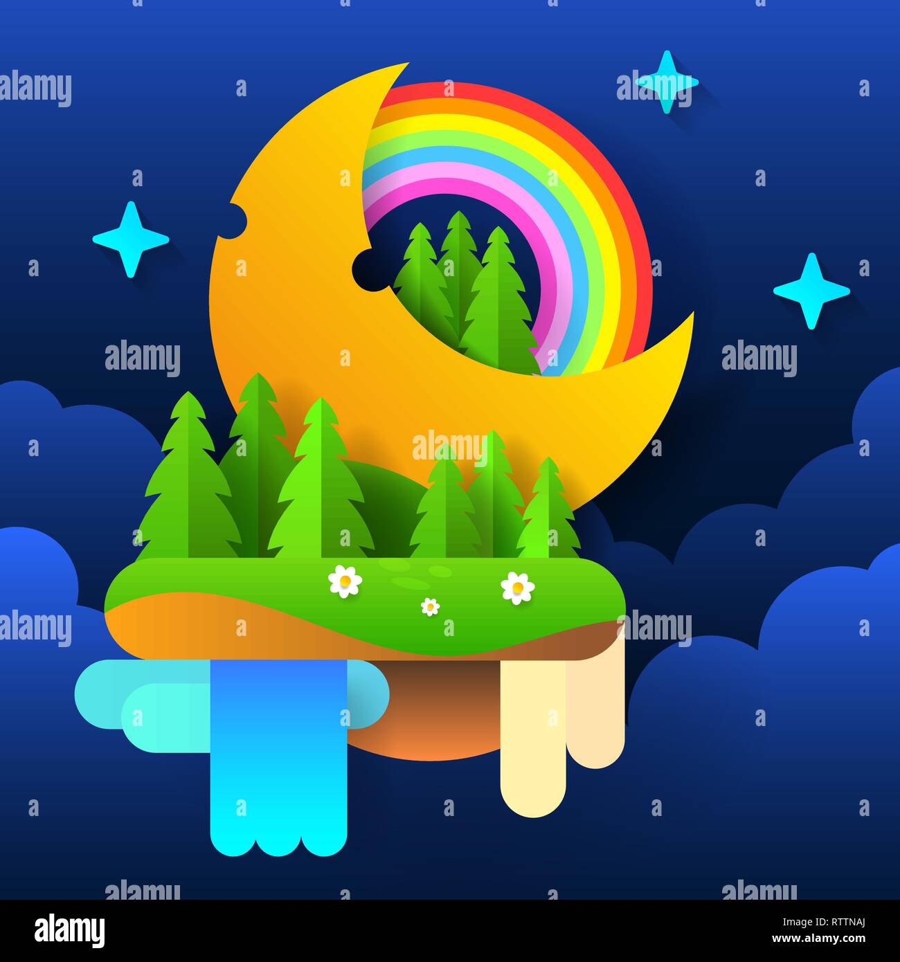 Notte Fairy Forest . La luna nel cielo con un arcobaleno e stelle. Illustrazione Vettoriale. Illustrazione Vettoriale