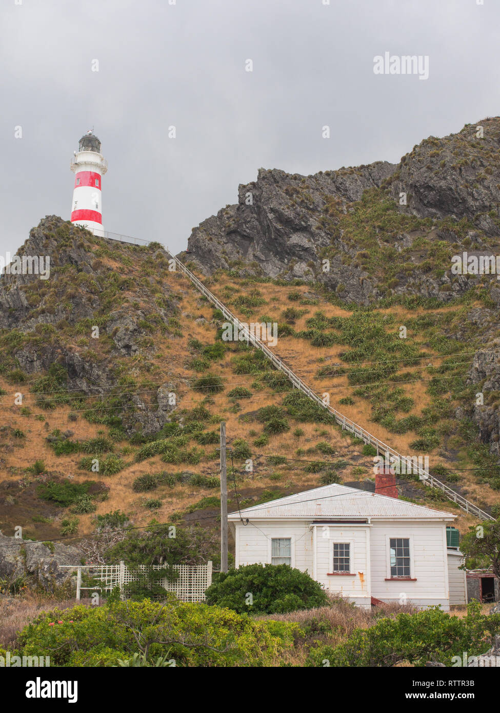 Cape Palliser lighthouse, lunga fila di passi dalla fanalisti house, paesaggio roccioso, Palliser Bay, Wairarapa, Nuova Zelanda Foto Stock