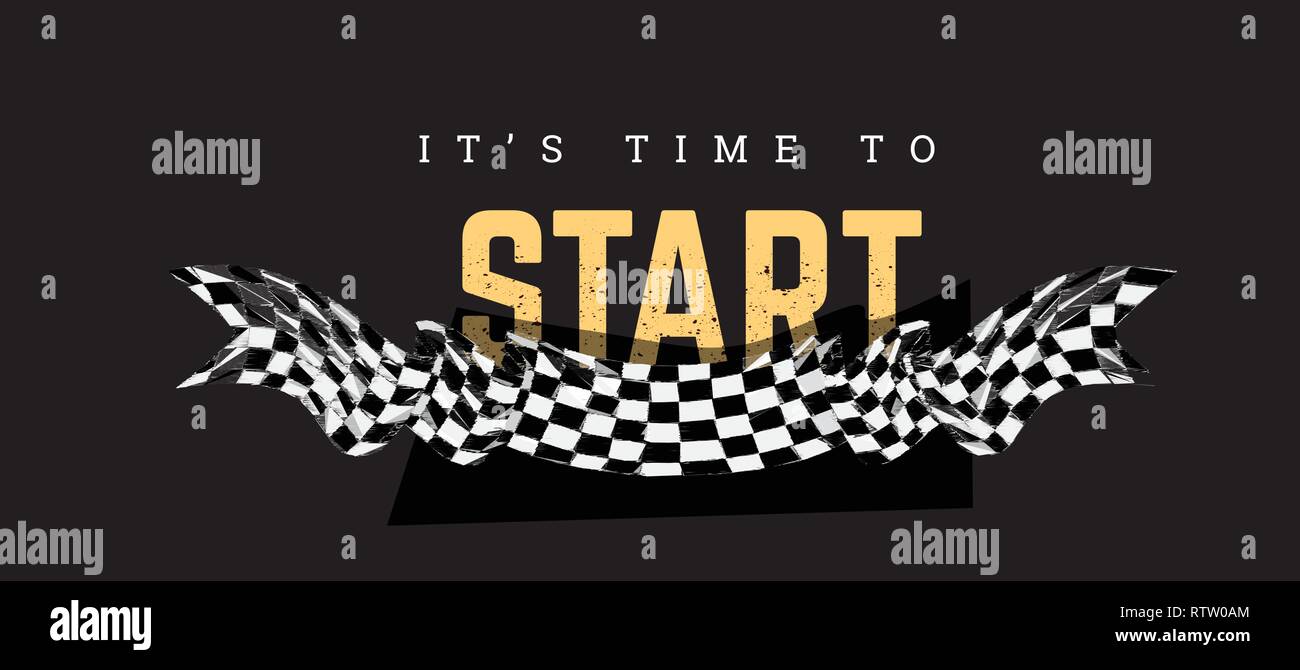 Bandiera a scacchi con la parola Start. T-shirt design su nero Illustrazione Vettoriale