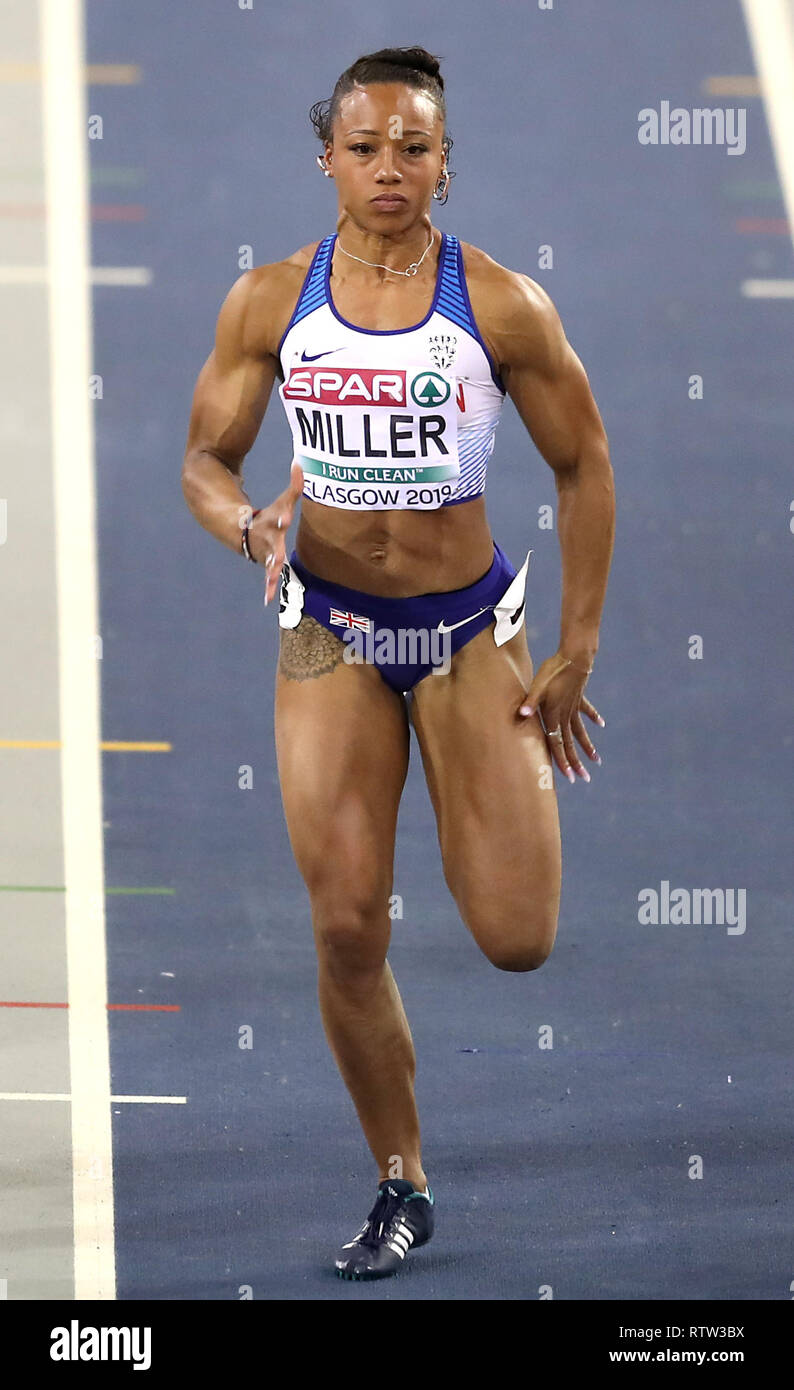 Gran Bretagna Rachel Miller durante la donna 60m semi finale 2. Scambiatore di calore durante il giorno due degli Europei Indoor di Atletica a Emirates Arena, Glasgow. Foto Stock