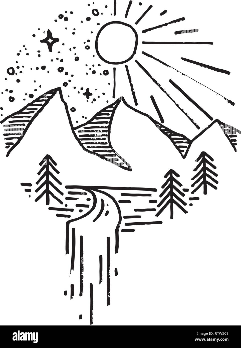 Disegnata a mano immagine di un picco di montagna, incisione, stile grunge textured illustrazioni vettoriali Illustrazione Vettoriale