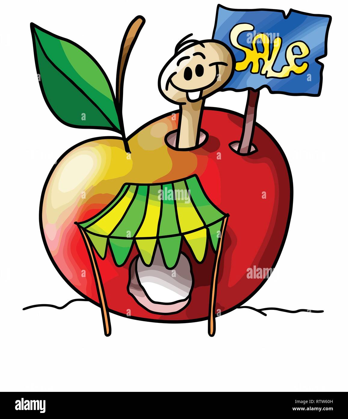 Cartoon apple worm rende una vendita di garage illustrazione vettoriale Illustrazione Vettoriale