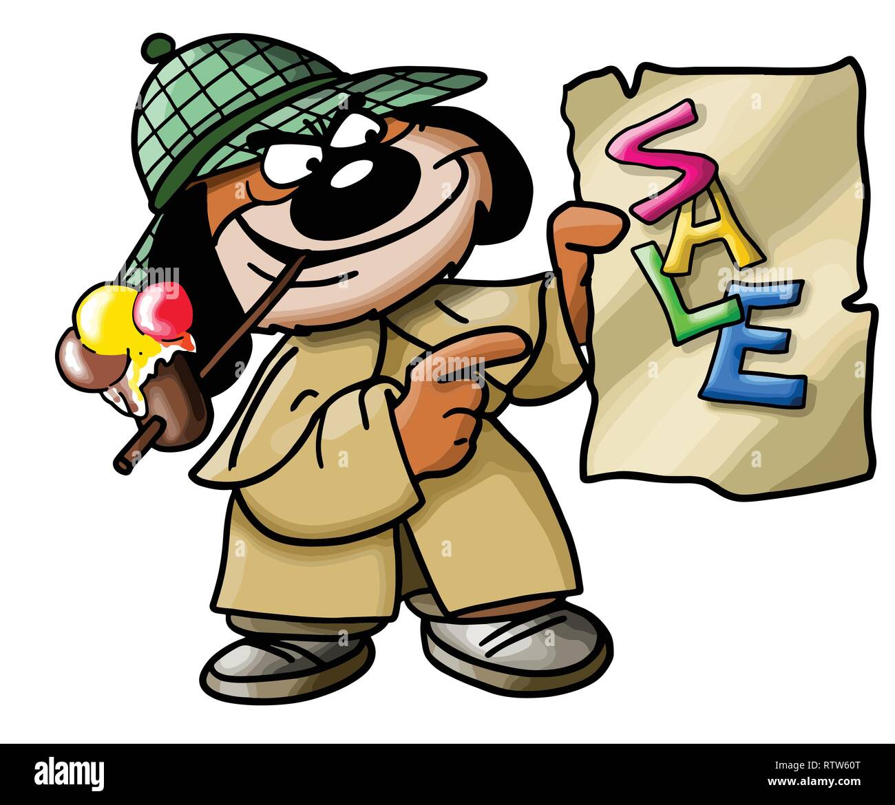 Cartoon cane tenendo un cartello di vendita nelle sue mani illustrazione vettoriale Illustrazione Vettoriale