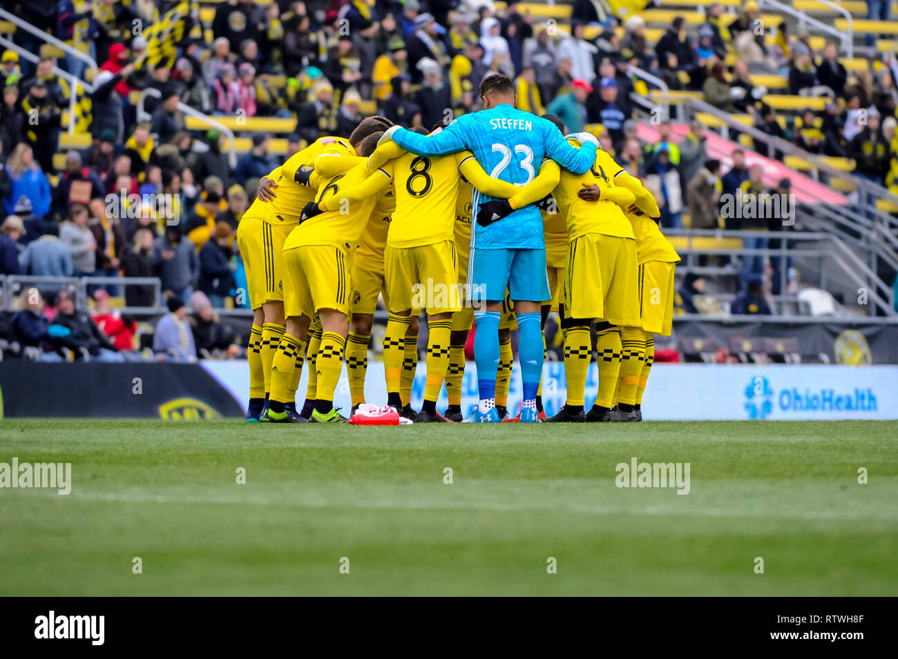 Sabato, 02 marzo 2019: Columbus Crew SC prima della prima metà della partita tra New York Red Bulls e Columbus Crew SC in season opener a MAPFRE Stadium, in Columbus OH. Obbligatorio Photo credit: Dorn Byg/Cal Sport Media. Columbus Crew SC 0 - New York Red Bulls 0 Foto Stock